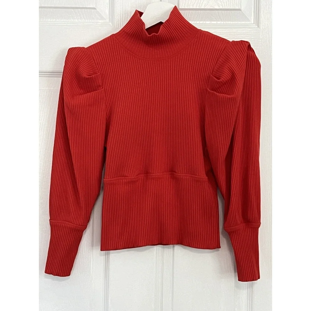 Free People Red Ribbed Mock Neck Puff Sleeve Knit Top Romantic Coquette Boho‎ M